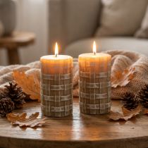 tételeket Barna színű oszlopgyertyák rusztikus fonott mintával, 110/65 mm, Safe Candle, 2 db-os szett
