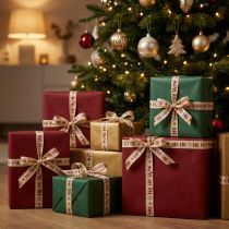 tételeket Karácsonyi szalag "Ho Ho Ho" ajándék szalag bézs 15mm 15m