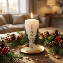 tételeket Adventi naptár gyertya, karácsonyi oszlopgyertya, fehér, 150/65mm, számokkal és karácsonyfával