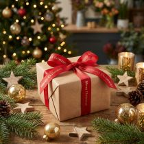 tételeket Piros karácsonyi szalag arany 'Merry Christmas' felirattal, szélesség 25 mm, hossza 20 m