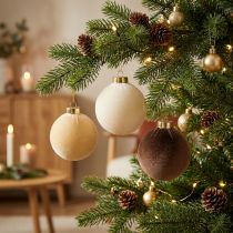tételeket Karácsonyi gömbdíszek, bársony hatású, meleg színek keveréke, 8 cm, 12 darab