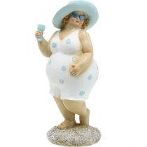 Hölgy sapkás, tengeri díszítésű, nyári, fürdőző figura kék/fehér H27cm