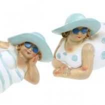 Hölgyek a strandon, fürdőző szépségek, tengeri dekoráció kék/fehér H7/8cm L17cm 2 db-os szett
