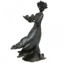 Madárfürdő virággyerek, kerti figura fém megjelenés, antracit virágruhás lány, barna antik megjelenés H56,5cm