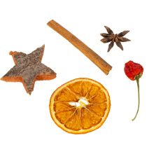 tételeket Aszalt narancsszelet dekorációs szett fahéjjal és csillagokkal, ünnepi asztaldíszítéshez 70g