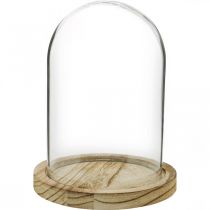 Dekoratív harang, üvegkupola fa tányérral, asztaldísz H16cm Ø12,5cm