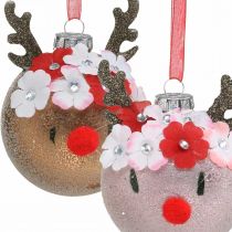 Karácsonyfa bál, rénszarvas virágkoszorúval, adventi dekoráció, fadíszek barna, rózsaszín valódi üveg Ø8cm 2db