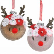 Karácsonyfa bál, rénszarvas virágkoszorúval, adventi dekoráció, fadíszek barna, rózsaszín valódi üveg Ø8cm 2db