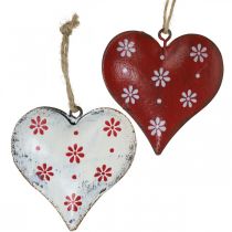 Fém felakasztható szív, ajándék címke, Valentin nap, vintage megjelenés piros, fehér H6cm 6db