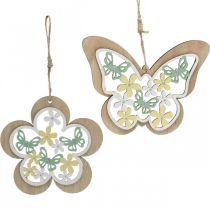 Akasztható pillangó, fa medál virág, tavaszi dekoráció csillámmal H11/14,5cm 4db