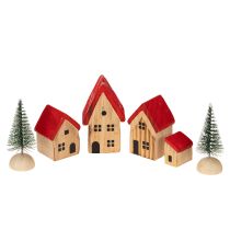 tételeket Fa díszház szett piros tetővel és fenyőfákkal, 12 cm, 6 darab