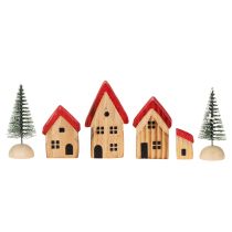 tételeket Fa díszház szett piros tetővel és fenyőfákkal, 12 cm, 6 darab