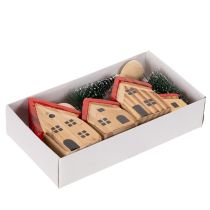 tételeket Fa díszház szett piros tetővel és fenyőfákkal, 12 cm, 6 darab