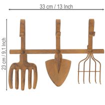 tételeket Akasztósín kerti szerszámokhoz, kerti díszekhez, gereblyéhez, ásóhoz és kapához; rozsdás fémből készült fém kabáttartó, H33,5 cm