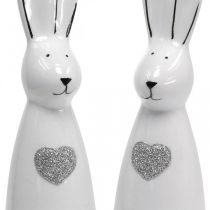 Nyúl kerámia fekete-fehér, húsvéti nyuszi dekorációs nyúlpár szívvel H20,5cm 2db
