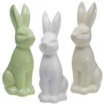 Porcelán húsvéti nyuszi ülő fehér, krém, zöld H18cm 3db