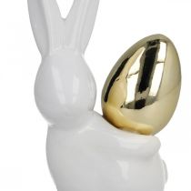 Nyulak arany tojással, kerámia nyulak húsvétra nemes fehér, arany H13cm 2db