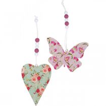 Medál virágmintás szívvel és pillangóval, rugós dekoráció függesztéséhez H11,5/8,5cm 4db