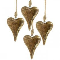 Fa szívek arany díszítéssel, mangófa, dekoratív medálok 10cm × 7cm 8db