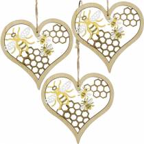 Díszszív méhecske sárga, arany fa szív függő nyári dekorációhoz 6db