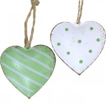 Fém akasztható szívek, Valentin-nap, tavaszi dekoráció, szív medál zöld, fehér H3,5cm 10db
