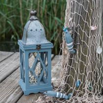 Fém díszítésű fa lámpás, függeszthető díszlámpás, kerti dekoráció kék-ezüst H51cm