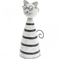 Szemüveges macska, elhelyezhető dekoratív figura, fém fekete-fehér macskafigura H16cm Ø7cm