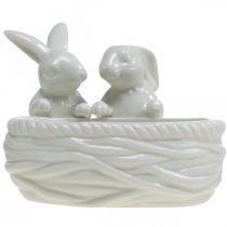 tételeket Nyulak fészekkel, asztaldísz, húsvéti fészek, porcelán dekoráció, dísztál fehér L15cm H11cm
