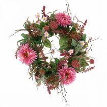 Őszi koszorú selyem virágok rózsaszín gerbera bogáncs asztali koszorú Ø32cm