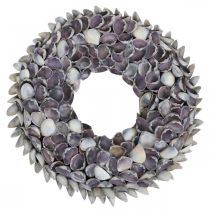 Kagylókoszorú, lila csipkés natúr kagylók, kagylóból készült gyűrű Ø25cm