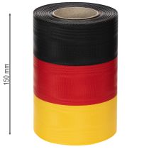 tételeket Moaré koszorú szalagok 150 mm-es fekete-piros-arany francia moaré hatással, 25 m-es tekercsben dekorációhoz és temetési szertartásokhoz