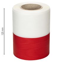 tételeket Fehér és piros moaré koszorúszalag, 125 mm - gyászszalag, díszszalag, masniszalag, ünnepi szalag, 25 m-es tekercs
