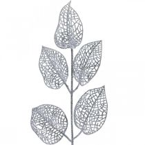 Műnövények, ágdísz, deco leveles ezüst csillám L36cm 10db