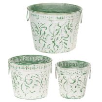tételeket Fém cserepek fülekkel, virágtartók dombornyomással, fehér, zöld, shabby chic, Ma: 20,5/18,5/16cm, Ø: 25,5/20,5/15,5cm, 3 db-os szett