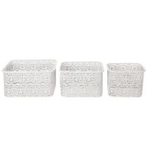 tételeket Csipkemintás fémtálak, díszes tárolóedény, szögletes, shabby chic, fehér, 27/23/19cm, M13,5cm, 3 db-os szett