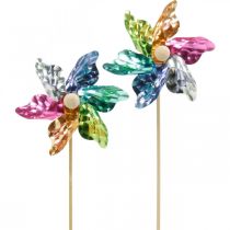 Mini forgókerék, party dekoráció, szélmalom pálcán, színes, kerti dekoráció, virágdugók Ø8,5cm 12 db