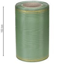 tételeket Moiré koszorú szalag zsályazöld arany szegéllyel, 150mm x 25m, díszszalag virágkötészethez és koszorúkhoz
