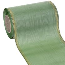 tételeket Moiré koszorú szalag zsályazöld arany szegéllyel, 150mm x 25m, díszszalag virágkötészethez és koszorúkhoz
