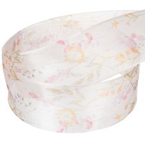 tételeket Organza szalag, sifon szalag, virágmintás, narancssárga/rózsaszín, 40 mm, 15 m