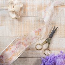 tételeket Organza szalag, sifon szalag, virágmintás, narancssárga/rózsaszín, 40 mm, 15 m