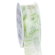 tételeket Organza szalag, sifon szalag, zöld színű, levélkagylókkal, 40 mm széles, 15 m hosszú