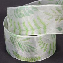 tételeket Organza szalag, sifon szalag, zöld színű, levélkagylókkal, 40 mm széles, 15 m hosszú