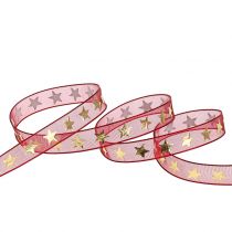 tételeket Organza szalag sötétvörös arany csillagokkal 10mm 20m