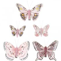 Deco pillangók klipszel, tollas pillangók rózsaszín 4,5-8cm 10db