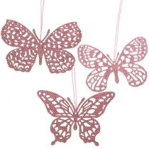 Dekor akasztó pillangó rózsaszín csillám 10cm 6db