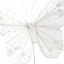 Dróton fehér tollas pillangó csillámmal 10cm 12db