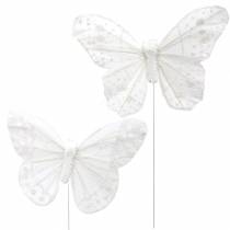 Dróton fehér tollas pillangó csillámmal 10cm 12db