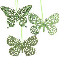 Dekor akasztó pillangó zöld glitter8cm 12db