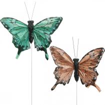 Dekoratív pillangók, tavaszi dekoráció, tollpillangók, növénydugók zöld, barna 9,5×12,5cm 12db