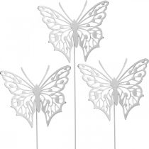 Virágdugó pillangó, kertdísz fém, növény dugó shabby chic fehér, ezüst L51cm 3db